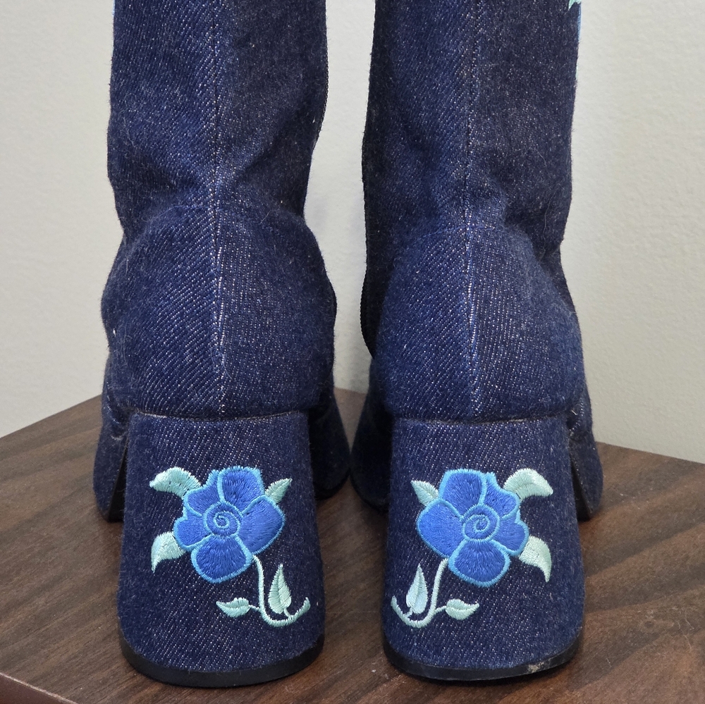 🪩 VTG Denim Floral Le Chateau Platform Boots 70s Disco Y2K Mismatched Sz 8/7 - Picture 7 of 16